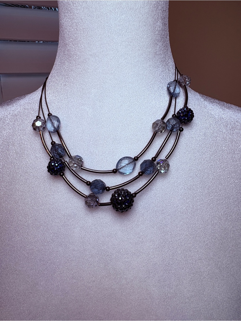 Blue Crystal Beaded Triple Strand statement necklace